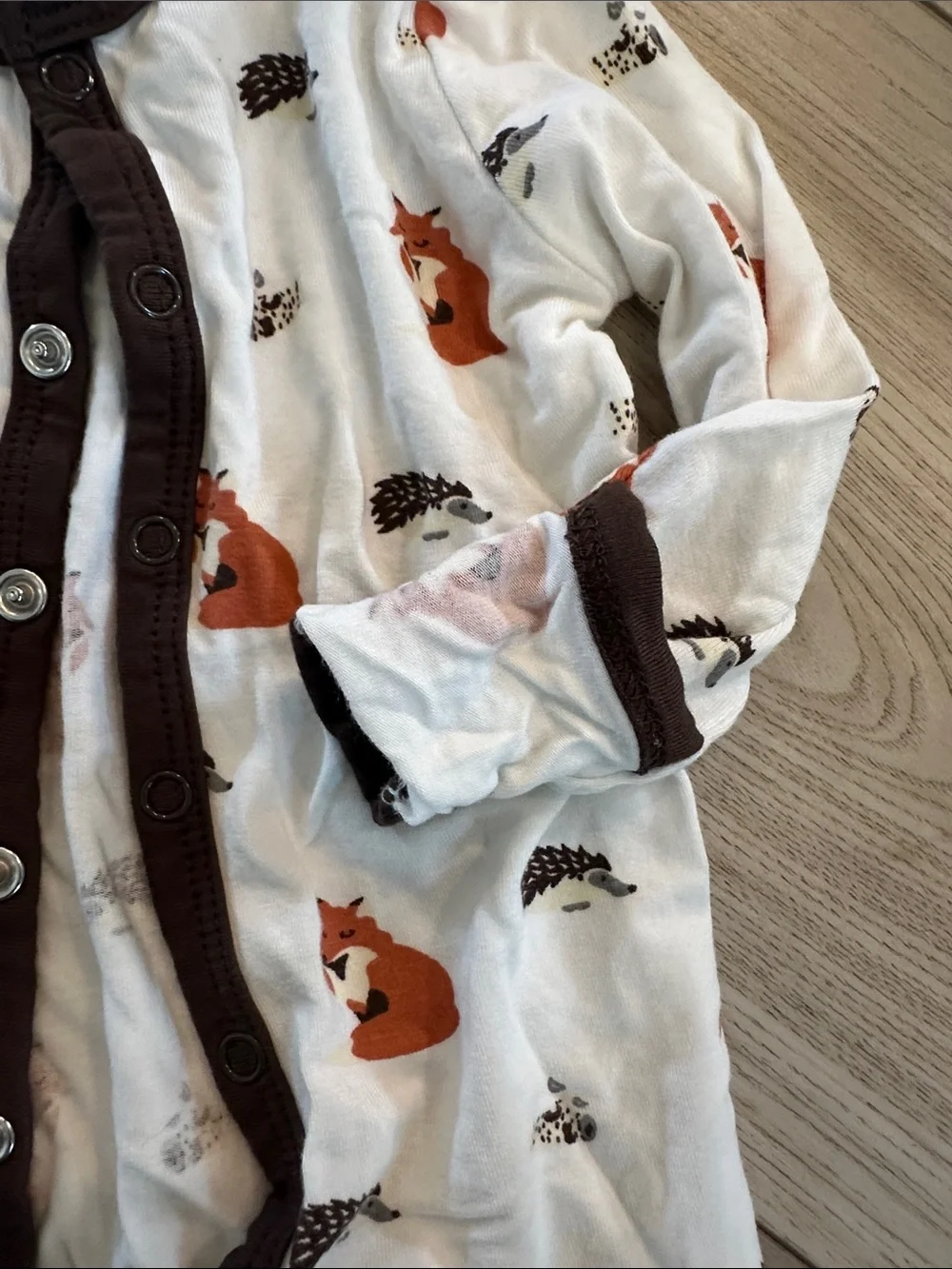 Kyte BABY White Footed One-Piece with Orange Fox Print and Brown Trim